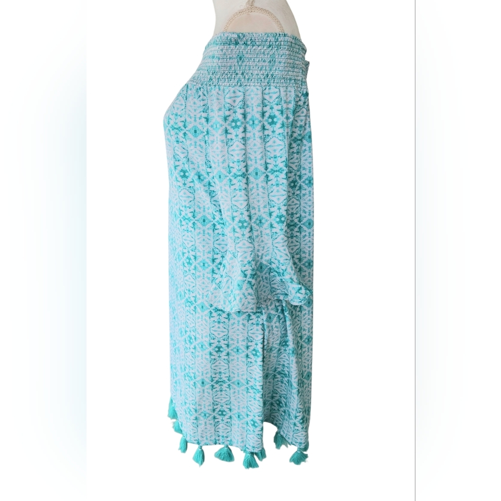 Cabana Life Off-Shoulder Turquoise Tile Print Cover-Up Dress with Tassels - Picture 6 of 10